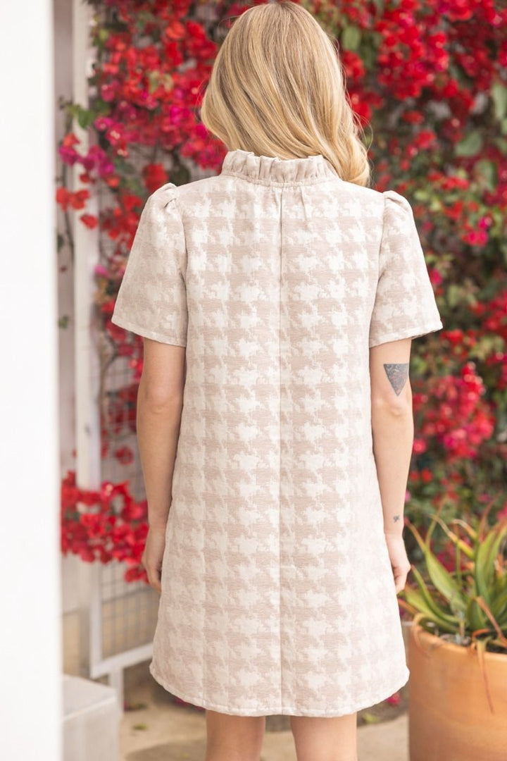 Houndstooth Velvet Shift Dress W/Ruffle Neck - Lush Lemon - Women's Clothing - Voy - 68075281064989