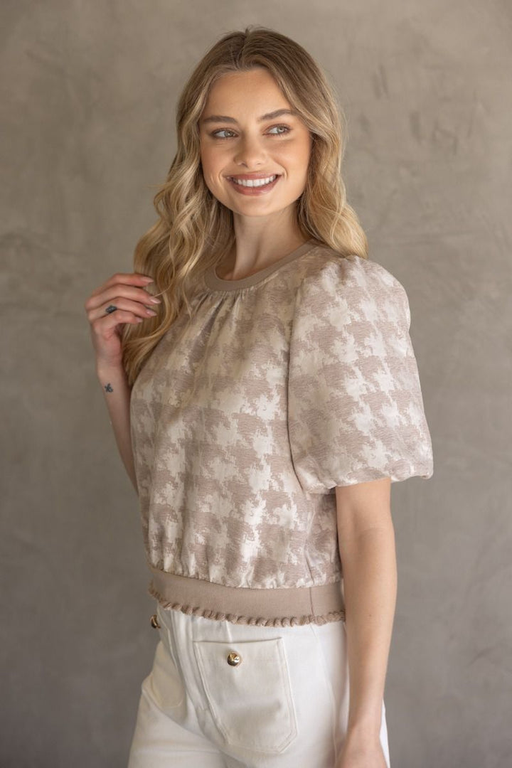 Houndstooth Velvet Top W/Contrast Band - Lush Lemon - Women's Clothing - Voy - 61912691086877