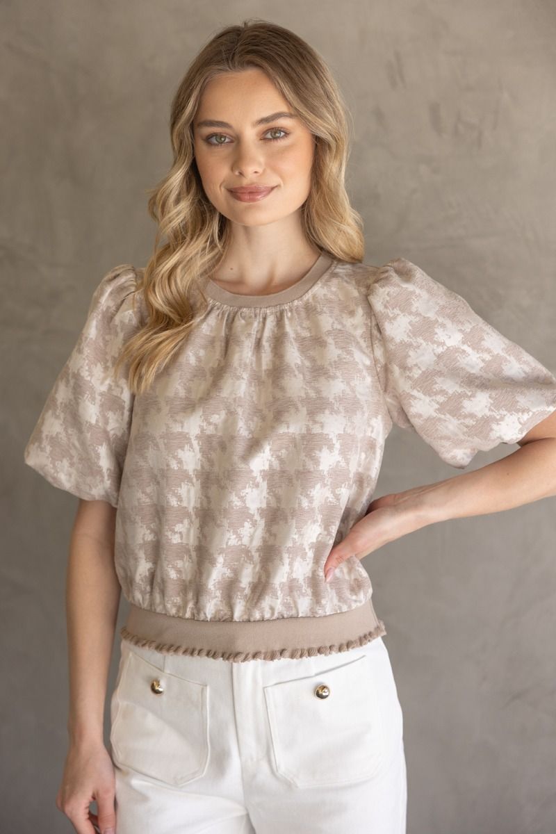 Houndstooth Velvet Top W/Contrast Band - Lush Lemon - Women's Clothing - Voy - 61912691086877