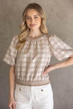 Houndstooth Velvet Top W/Contrast Band - Lush Lemon - Women&