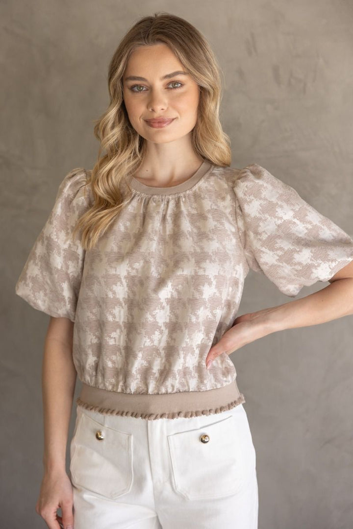 Houndstooth Velvet Top W/Contrast Band - Lush Lemon - Women's Clothing - Voy - 61912691086877