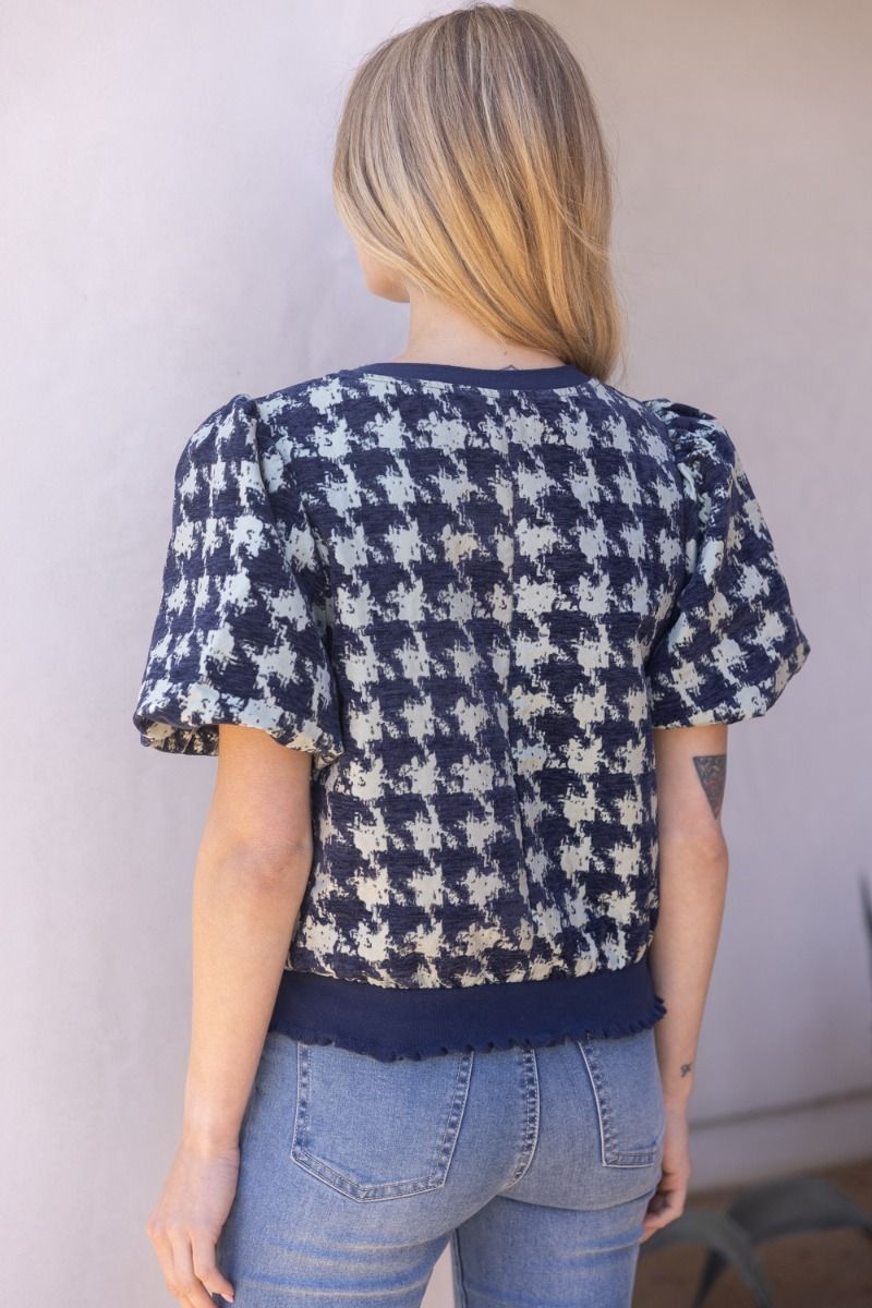 Houndstooth Velvet Top W/Contrast Band - Lush Lemon - Women's Clothing - Voy - 61912691385181