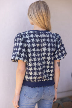 Houndstooth Velvet Top W/Contrast Band - Lush Lemon - Women&