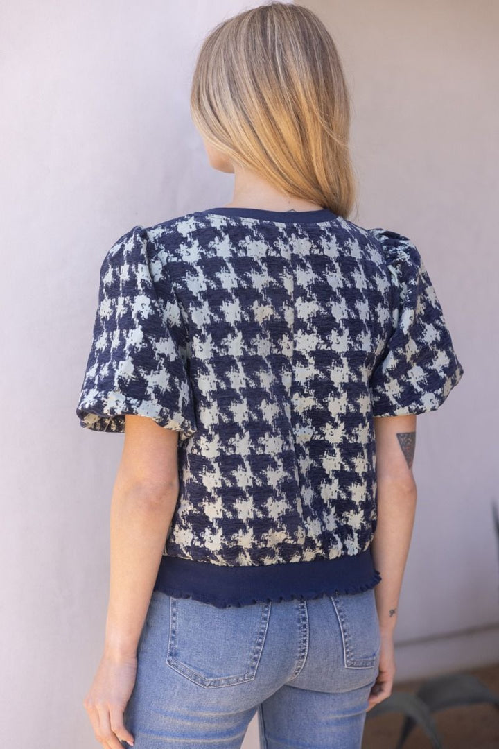 Houndstooth Velvet Top W/Contrast Band - Lush Lemon - Women's Clothing - Voy - 61912691385181