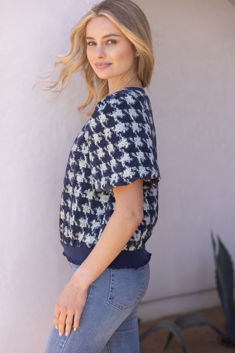 Houndstooth Velvet Top W/Contrast Band - Lush Lemon - Women's Clothing - Voy - 61912691385181