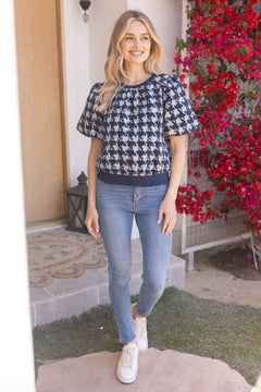 Houndstooth Velvet Top W/Contrast Band - Lush Lemon - Women&