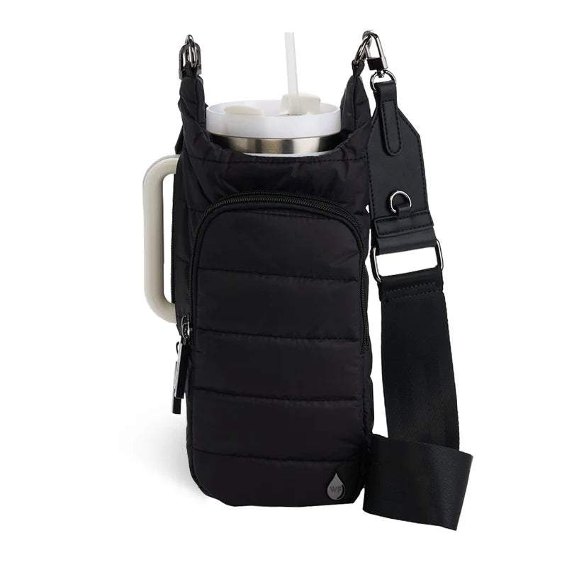 crossbody travel bag with bottle holder nylon HydroBag® HANDLE™ – Black Matte with Vegan Leather Trimmed Strap -  WanderFull