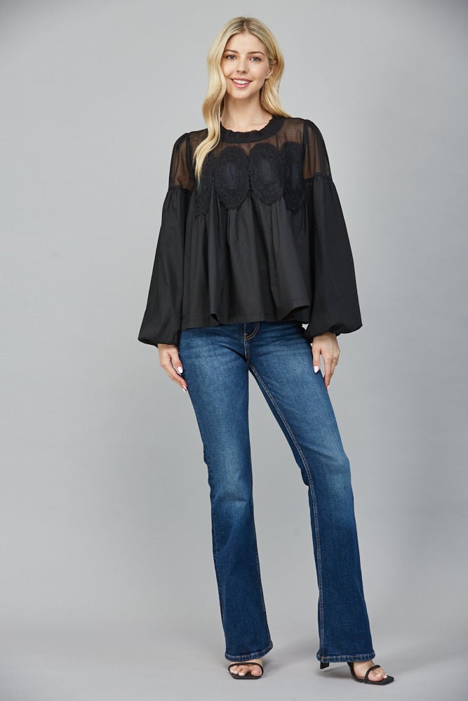 Lace Appliqué Mixed Media Blouse - Lush Lemon - Women's Clothing - Fate By LFD - 90767991056477