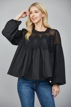 Lace Appliqué Mixed Media Blouse - Lush Lemon - Women&