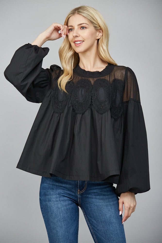 Lace Appliqué Mixed Media Blouse - Lush Lemon - Women's Clothing - Fate By LFD - 90767991056477
