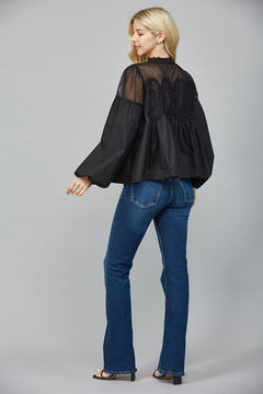 Lace Appliqué Mixed Media Blouse - Lush Lemon - Women&