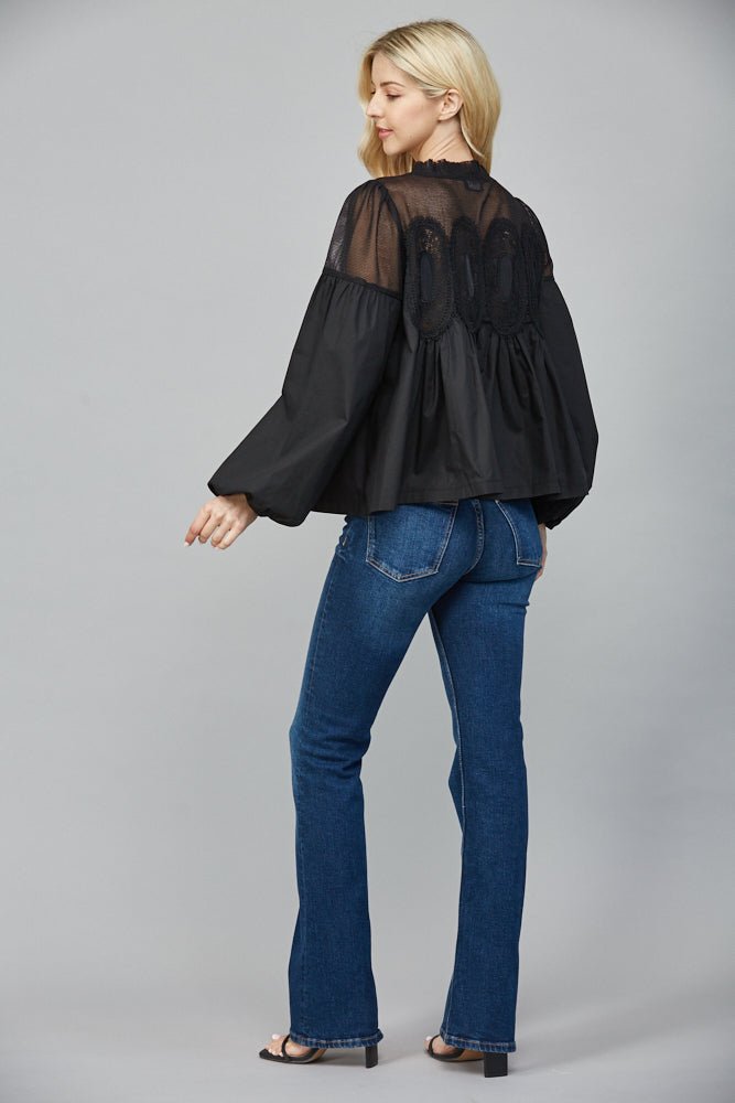 Lace Appliqué Mixed Media Blouse - Lush Lemon - Women's Clothing - Fate By LFD - 90767991056477