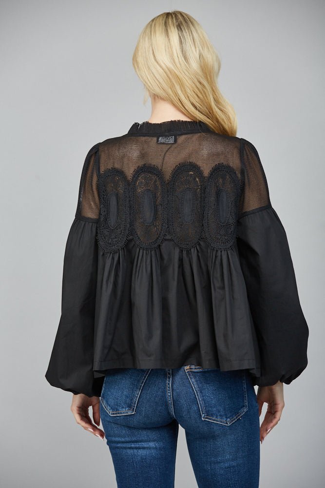 Lace Appliqué Mixed Media Blouse - Lush Lemon - Women's Clothing - Fate By LFD - 90767991056477