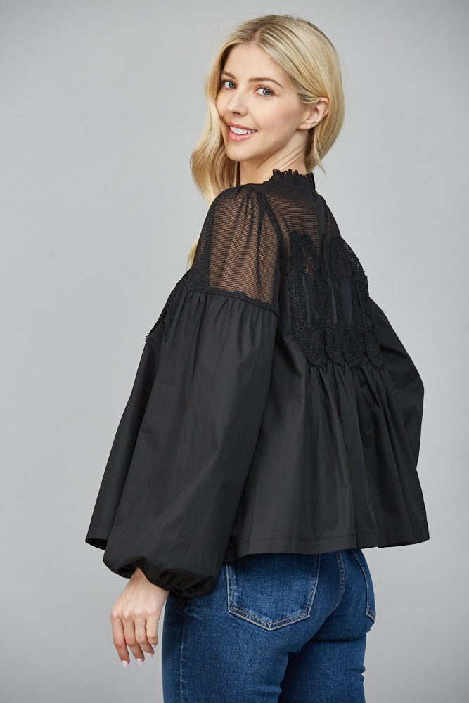 Lace Appliqué Mixed Media Blouse - Lush Lemon - Women's Clothing - Fate By LFD - 90767991056477
