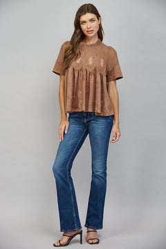 Lace Applique W/ Mesh Faux Suede Top - Lush Lemon - Women&
