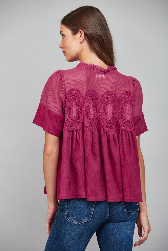Lace Applique W/ Mesh Faux Suede Top - Lush Lemon - Women&