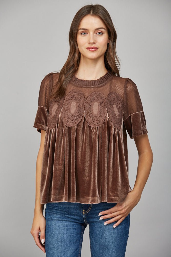 Lace Detail Velvet Babydoll Top - Lush Lemon - Women's Clothing - Fate By LFD - 88901681005181