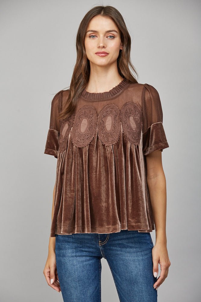 Lace Detail Velvet Babydoll Top - Lush Lemon - Women's Clothing - Fate By LFD - 88901681005181