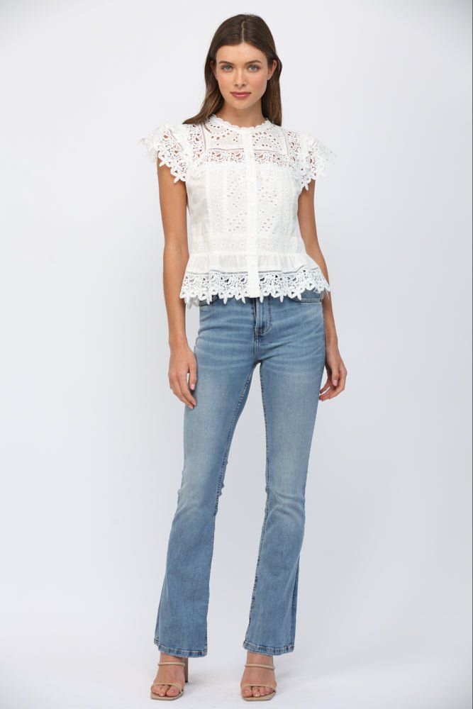 Lace Eyelet Peplum Blouse - Lush Lemon - Women's Clothing - Fate By LFD - 99947751074269