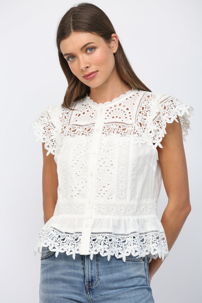 Lace Eyelet Peplum Blouse - Lush Lemon - Women's Clothing - Fate By LFD - 99947751074269