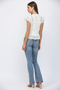 Lace Eyelet Peplum Blouse - Lush Lemon - Women&