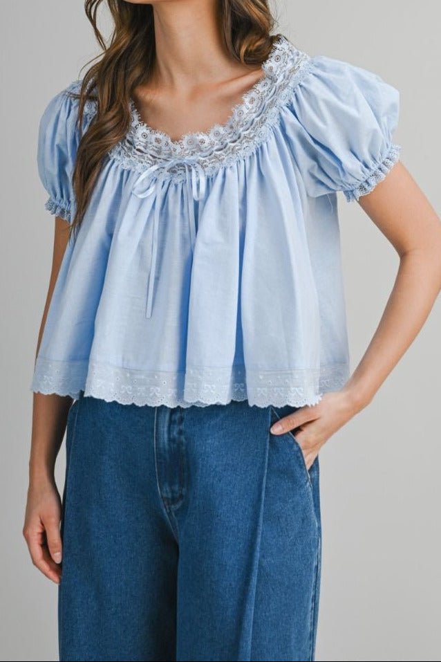 Lace Trim Puff Sleeve Blouse - Lush Lemon - Women's Clothing - Mable - 18376151031069
