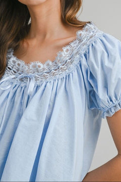 Lace Trim Puff Sleeve Blouse - Lush Lemon - Women&