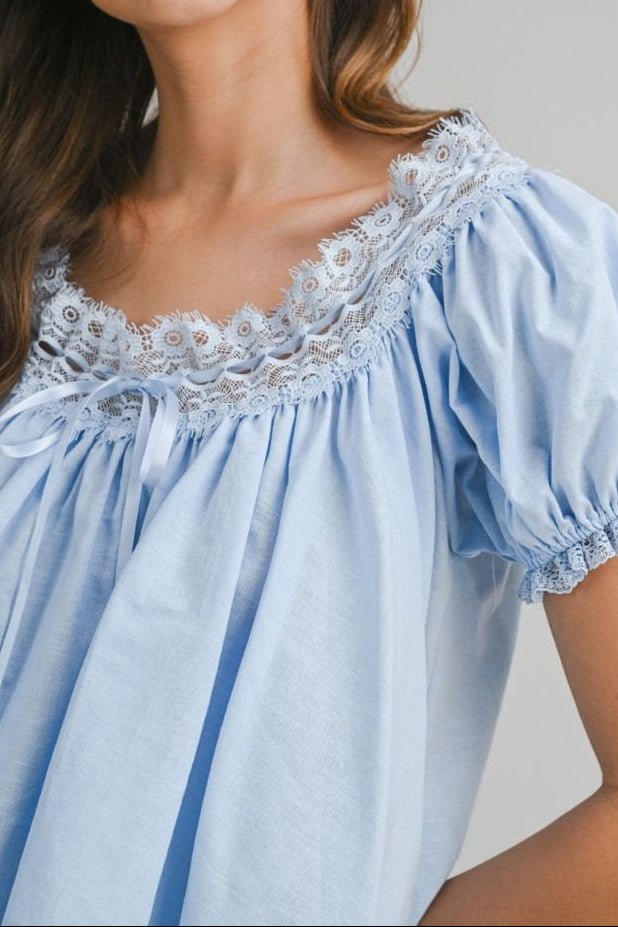 Lace Trim Puff Sleeve Blouse - Lush Lemon - Women's Clothing - Mable - 18376151031069