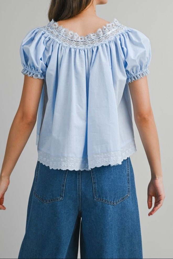 Lace Trim Puff Sleeve Blouse - Lush Lemon - Women's Clothing - Mable - 18376151031069
