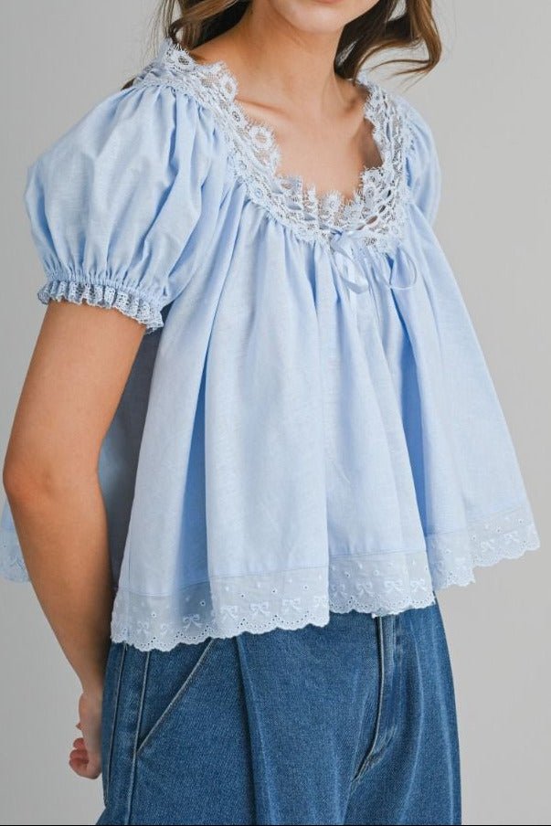 Lace Trim Puff Sleeve Blouse - Lush Lemon - Women's Clothing - Mable - 18376151031069