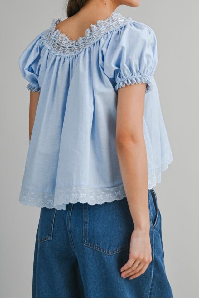 Lace Trim Puff Sleeve Blouse - Lush Lemon - Women's Clothing - Mable - 18376151031069