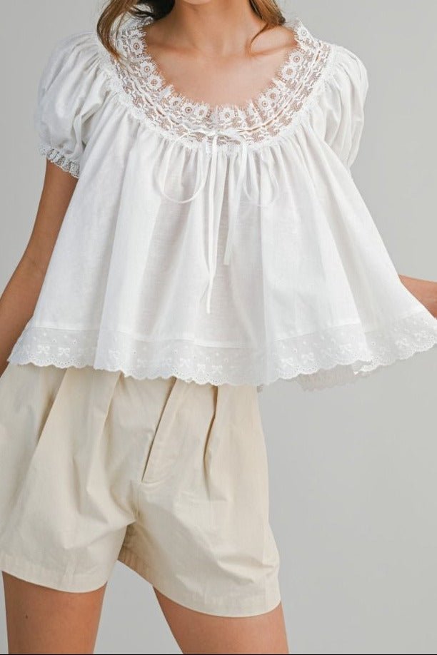 Lace Trim Puff Sleeve Blouse - Lush Lemon - Women's Clothing - Mable - 18376151329373
