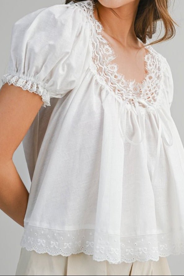 Lace Trim Puff Sleeve Blouse - Lush Lemon - Women's Clothing - Mable - 18376151329373