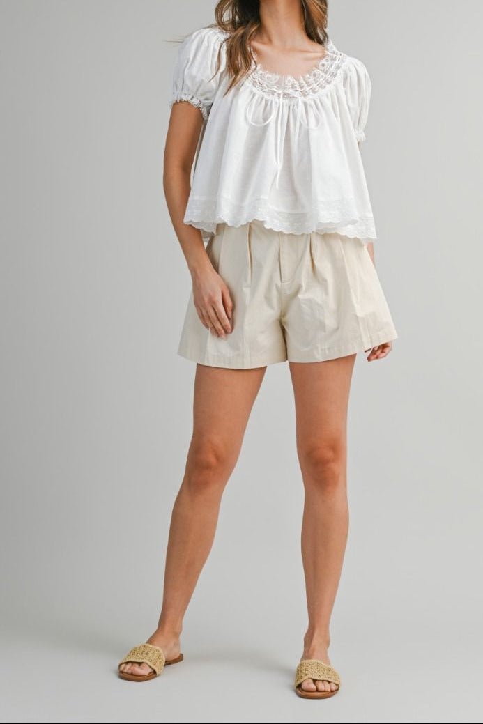 Lace Trim Puff Sleeve Blouse - Lush Lemon - Women's Clothing - Mable - 18376151329373