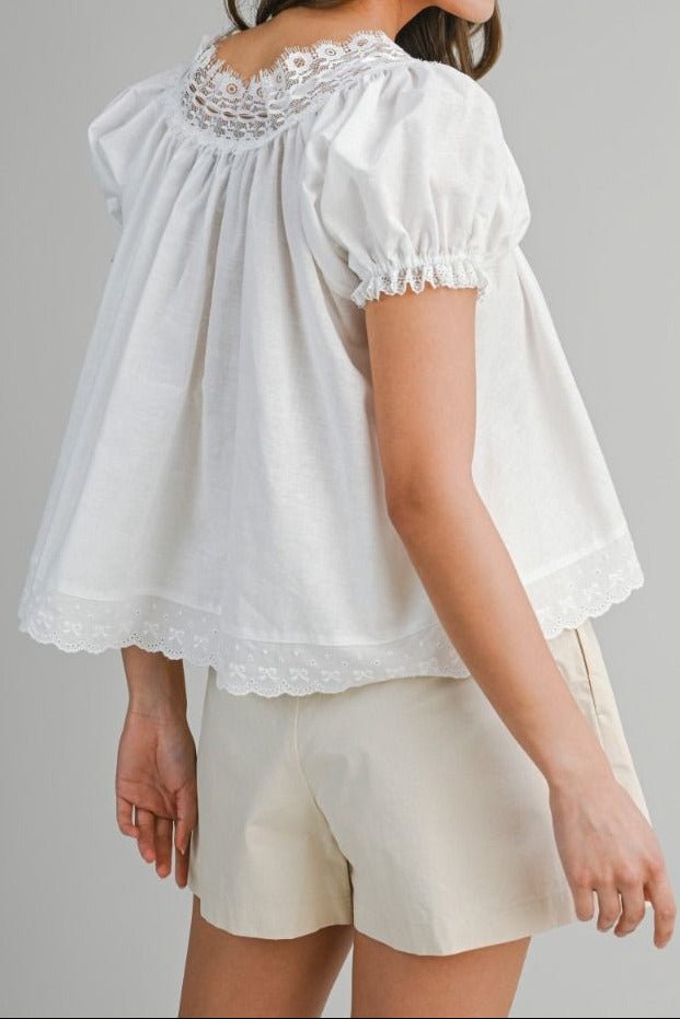 Lace Trim Puff Sleeve Blouse - Lush Lemon - Women's Clothing - Mable - 18376151329373
