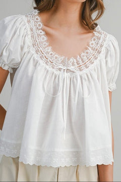 Lace Trim Puff Sleeve Blouse - Lush Lemon - Women&