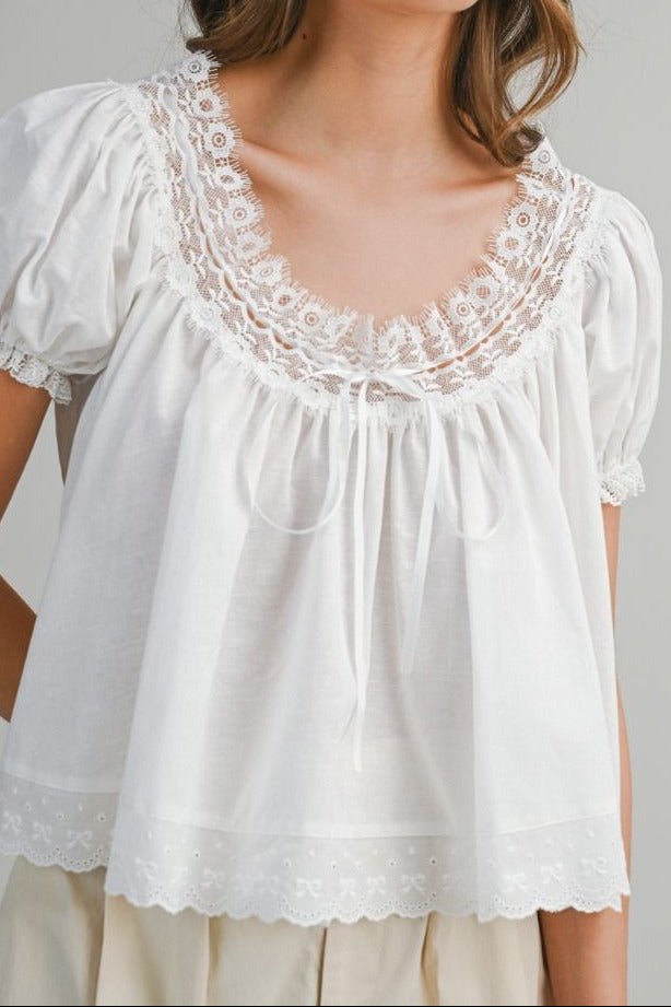 Lace Trim Puff Sleeve Blouse - Lush Lemon - Women's Clothing - Mable - 18376151329373