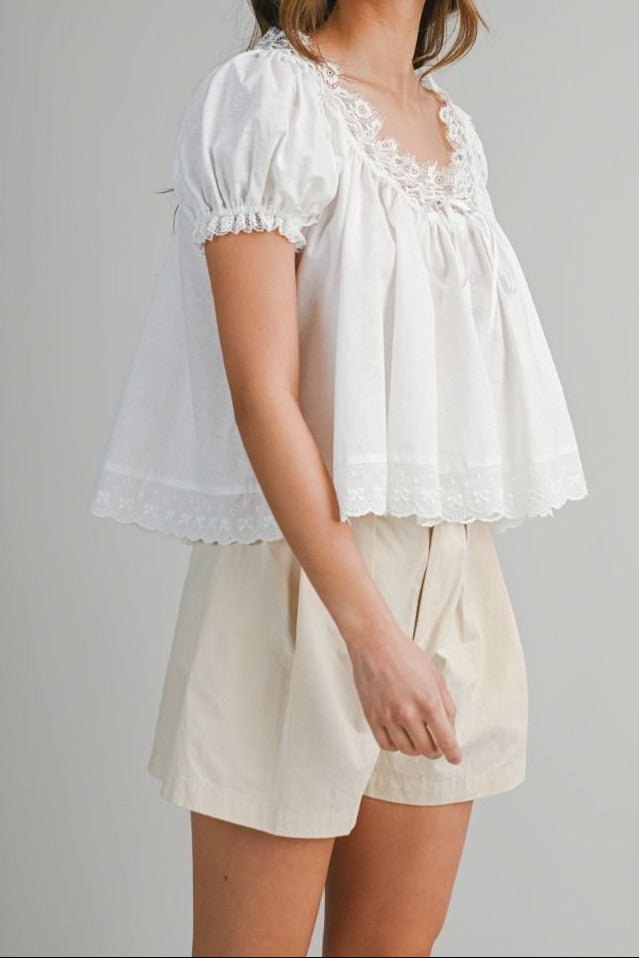 Lace Trim Puff Sleeve Blouse - Mable - Lush Lemon