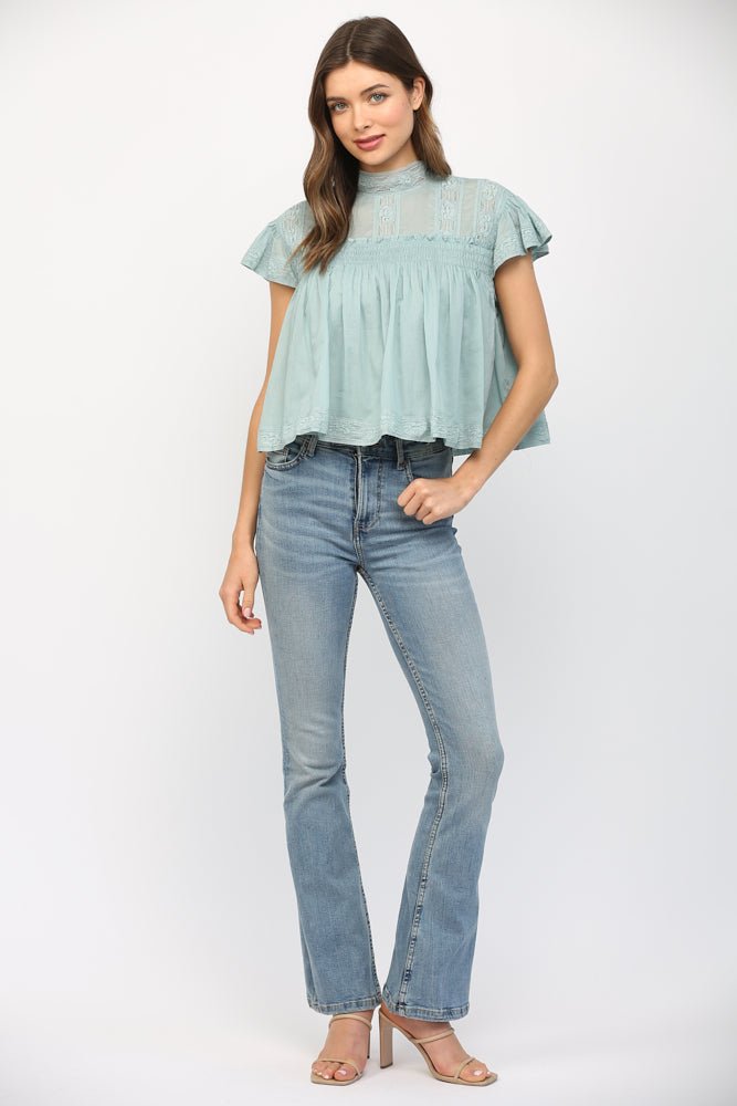Lace Trim Ruffle Sleeve Top - Lush Lemon - Women's Clothing - Fate By LFD - 71614351043325