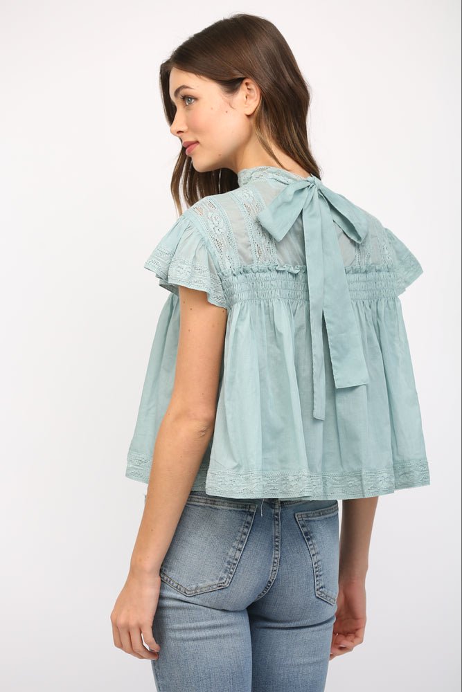 Lace Trim Ruffle Sleeve Top - Lush Lemon - Women's Clothing - Fate By LFD - 71614351043325