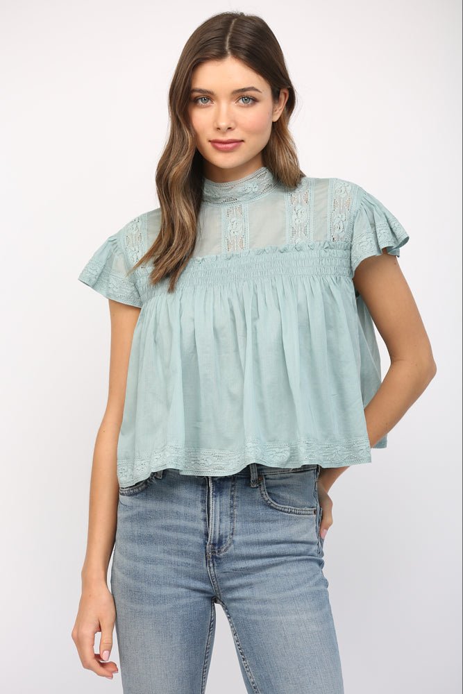 Lace Trim Ruffle Sleeve Top - Lush Lemon - Women's Clothing - Fate By LFD - 71614351043325