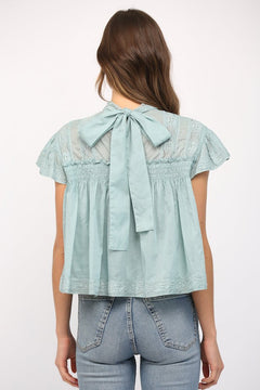 Lace Trim Ruffle Sleeve Top - Lush Lemon - Women&