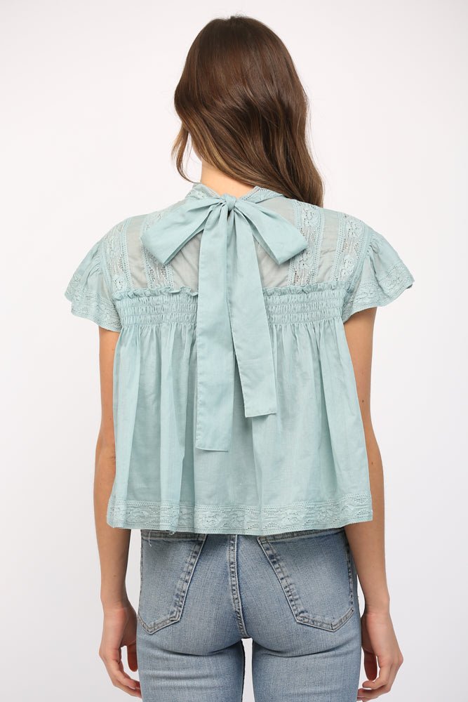 Lace Trim Ruffle Sleeve Top - Lush Lemon - Women's Clothing - Fate By LFD - 71614351043325