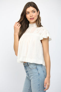 Lace Trim Ruffle Sleeve Top - Lush Lemon - Women&