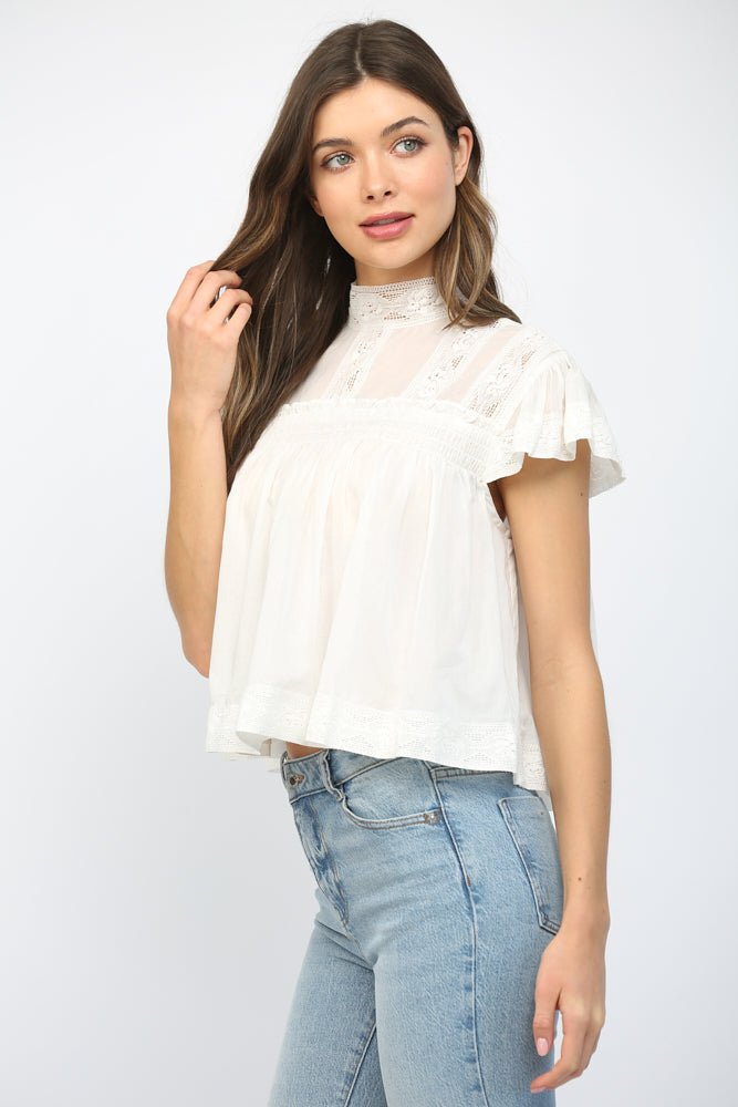 Lace Trim Ruffle Sleeve Top - Lush Lemon - Women's Clothing - Fate By LFD - 71614351341629