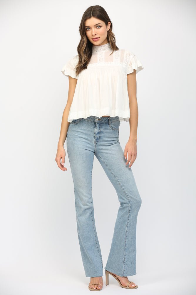 Lace Trim Ruffle Sleeve Top - Lush Lemon - Women's Clothing - Fate By LFD - 71614351341629