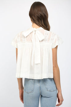 Lace Trim Ruffle Sleeve Top - Lush Lemon - Women&