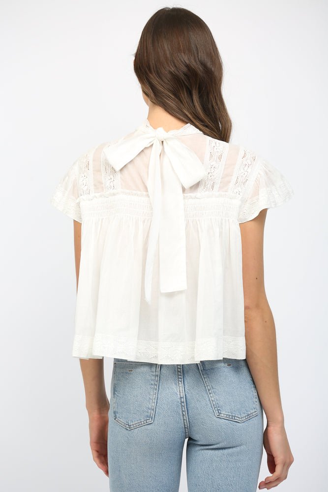 Lace Trim Ruffle Sleeve Top - Lush Lemon - Women's Clothing - Fate By LFD - 71614351341629