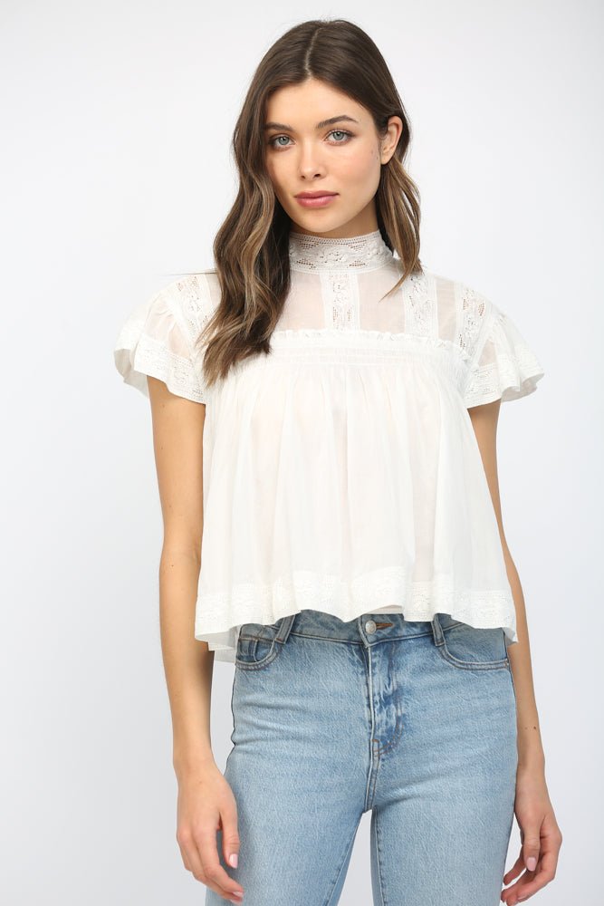 Lace Trim Ruffle Sleeve Top - Lush Lemon - Women's Clothing - Fate By LFD - 71614351341629