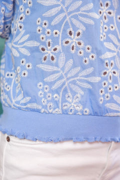 Leaf Embroidered Eyelet Bubble Sleeve Top - Lush Lemon - Women&